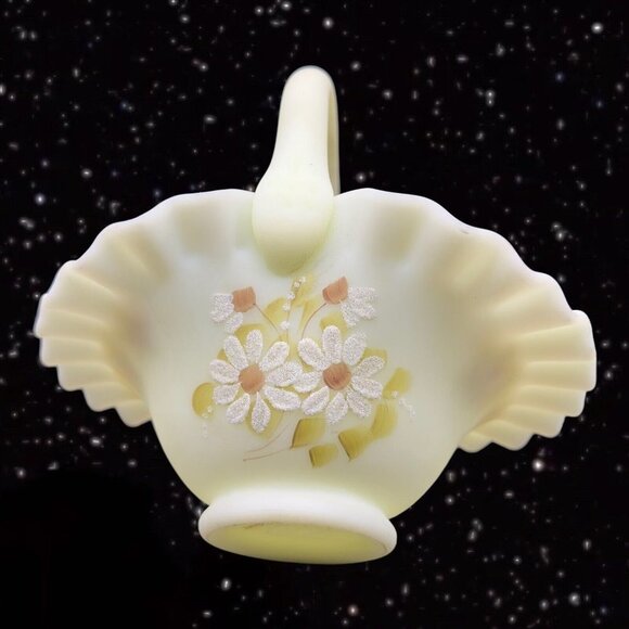 Fenton Basket Custard Uranium Glass Satin Textured Ruffled Signed J Brown Floral - Picture 7 of 14